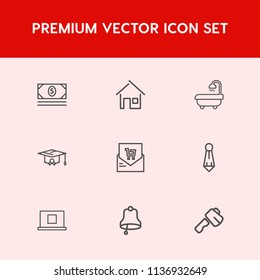 Modern, simple vector icon set on red background with fashion, tool, retail, bank, money, list, bathroom, university, hammer, banking, white, suit, house, business, concept, supermarket, wealth icons