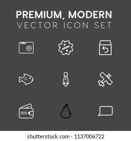 Modern, simple vector icon set on dark grey background with finance, wallet, money, tie, delivery, suit, return, order, talk, price, paper, shipping, pear, fish, sale, tag, bubble, purse, food icons