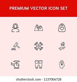 Modern, simple vector icon set on red background with house, law, face, female, technology, vision, view, woman, bag, navigation, object, transport, property, business, portrait, girl, equipment icons