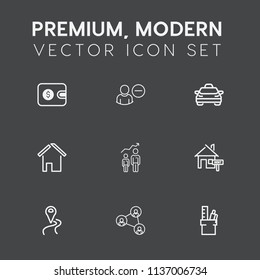 Modern, simple vector icon set on dark grey background with delete, rent, money, finance, transport, pay, estate, communication, home, personal, vehicle, dollar, business, location, remove, cash icons