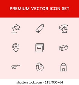 Modern, simple vector icon set on red background with job, light, chopper, lamp, book, material, thermometer, brick, weapon, transport, sky, modern, building, interior, drawing, table, pen, gun icons