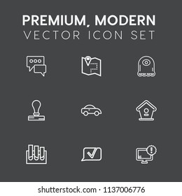 Modern, simple vector icon set on dark grey background with cartoon, house, computer, stationery, monster, travel, chat, gps, dialog, birdhouse, warning, envelope, transport, medicine, taxi, map icons