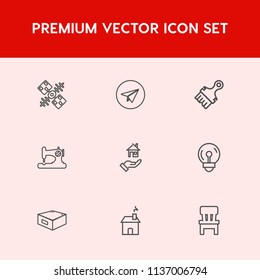 Modern, simple vector icon set on red background with send, bulb, chair, sewing, craft, comfortable, energy, fabric, web, earth, retro, interior, drawer, email, space, fashion, sew, building,  icons