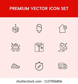 Modern, simple vector icon set on red background with boat, dessert, sweet, south, satellite, delivery, water, box, shipping, new, technology, carton, package, ice, compass, bus, sea, hotel, bed icons