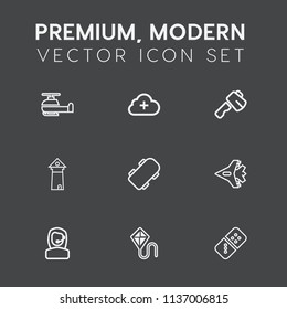 Modern, simple vector icon set on dark grey background with web, axe, architecture, europe, landmark, extreme, game, tool, summer, domino, sky, headset, jetliner, fun, fly, white, board, call icons