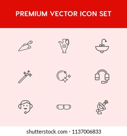 Modern, simple vector icon set on red background with pot, wizard, wand, space, decorative, star, call, business, art, object, technology, support, center, water, hammer, tap, microphone, office icons