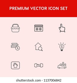 Modern, simple vector icon set on red background with fitness, outdoor, truck, old, button, exercise, house, park, concept, workout, hand, cassette, grass, finger, transportation, sound, touch icons