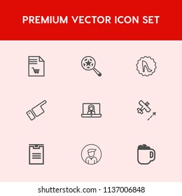 Modern, simple vector icon set on red background with communication, male, note, look, web, cup, boy, plane, notebook, travel, cafe, package, market, list, box, mug, direction, grocery, circle icons