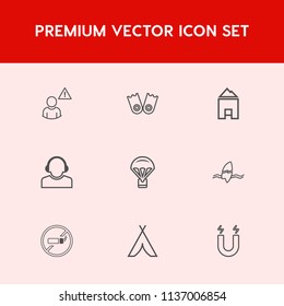 Modern, simple vector icon set on red background with water, surfing, team, sign, surfer, parachute, no, travel, science, network, center, service, camp, tobacco, extreme, summer, online, home icons