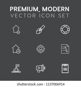 Modern, simple vector icon set on dark grey background with delivery, hammer, buoy, customer, price, real, safety, file, new, box, speaker, shipping, ring, business, target, home, screwdriver icons