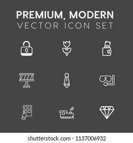 Modern, simple vector icon set on dark grey background with protection, jewelry, suit, purse, safety, open, drum, transport, travel, internet, wallet, tie, railway, train, dollar, lock, floral icons