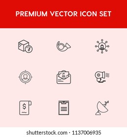 Modern, simple vector icon set on red background with brass, display, container, screen, package, sale, market, shipping, musical, hair, technology, weight, bugle, sign, female, envelope, target icons