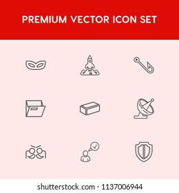 Modern, simple vector icon set on red background with shuttle, spaceship, carnival, rod, office, technology, paper, file, fishing, internet, satellite, profile, online, mask, launch, rocket icons