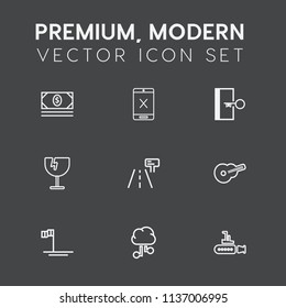 Modern, simple vector icon set on dark grey background with baja, white, marine, escape, wire, street, crash, wealth, subscription, traffic, sea, door, cancel, cord, mexico, technology, glass icons