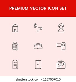 Modern, simple vector icon set on red background with mail, pointer, marker, location, architecture, tripod, financial, paper, post, furniture, female, video, profile, pin, residential, human icons