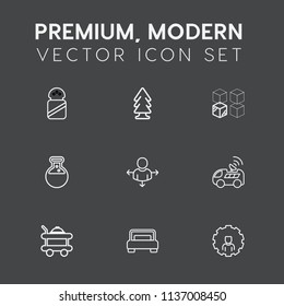 Modern, simple vector icon set on dark grey background with mobile, house, car, wood, internet, satellite, sea, service, room, cardboard, spice, tree, sign, direction, technology icons