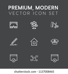 Modern, simple vector icon set on dark grey background with architecture, hotel, cap, handle, wear, scissors, home, boy, fashion, disturb, sport, building, navy, short, room, style, hair, sailor icons