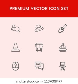 Modern, simple vector icon set on red background with spacecraft, bus, sandwich, shovel, science, bread, computer, speed, emergency, ufo, chair, mouse, up, device, food, construction, search icons