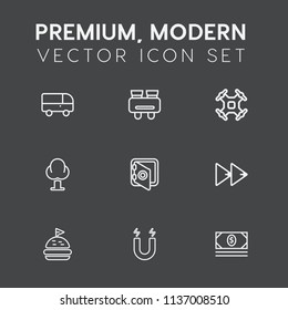 Modern, simple vector icon set on dark grey background with tree, urban, transport, lunch, speed, glasses, cash, money, field, audio, spy, landscape, forest, street, safe, transportation, road icons