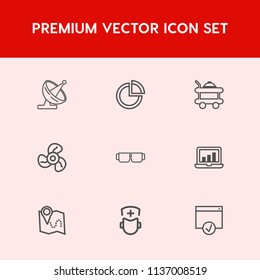 Modern, simple vector icon set on red background with computer, road, technology, satellite, chart, antenna, map, laptop, graph, fan, graphic, sunglasses, surgeon, screen, equipment, fashion icons