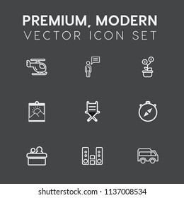 Modern, simple vector icon set on dark grey background with north, direction, tree, compass, message, helicopter, aircraft, investment, sound, meeting, aviation, air, chair, move, photo, play icons
