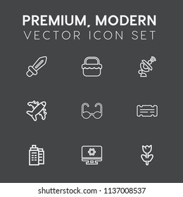 Modern, simple vector icon set on dark grey background with communication, grass, airplane, basket, coupon, fashion, entertainment, house, business, blossom, medieval weapon, plane, war icons