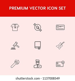 Modern, simple vector icon set on red background with typography, wrench, book, guitar, legal, business, repair, web, equipment, badge, decorative, tool, label, study, profile, courthouse, white icons