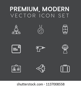 Modern, simple vector icon set on dark grey background with love, profile, female, fashion, time, necklace, wallet, plane, machine, jet,  business, baggage, work, minute, sky, person icons