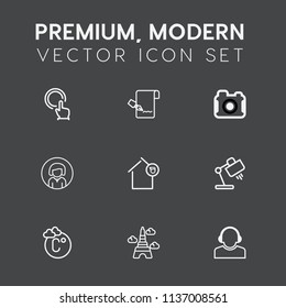 Modern, simple vector icon set on dark grey background with interior, click, pen, pointer, note, paper, thermometer, landmark, young, tower, house, team, lady, press, camera, button, hand, push icons