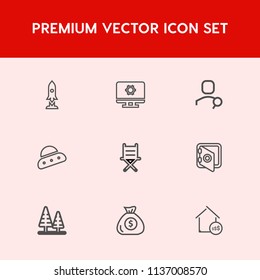 Modern, simple vector icon set on red background with space, account, ufo, setting, banking, forest, shuttle, website, bank, search, tree, ship, web, chair, safety, galaxy, landscape, spaceship icons