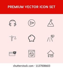Modern, simple vector icon set on red background with studio, construction, shipping, saw, business, communication, home, uniform, send, money, web, phone, hammer, sky, landscape, cash, sign icons