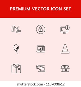 Modern, simple vector icon set on red background with monitor, unlock, salon, balloon, safe, professional, protection, helicopter, chart, graphic, computer, air balloon, scissors, transportation, white icons
