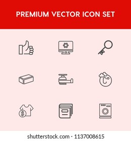 Modern, simple vector icon set on red background with machine, transportation, sale, education, temperature, setting, washer, cost, air, like, brick, computer, building, hand, helicopter, house icons