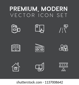 Modern, Simple Vector Icon Set On Dark Grey Background With Lens, Sign, Team, Page, House, Staff, Water, Instrument, Worker, Road, Literature, Traffic, Snorkel, Street, Record, Mask, Music, Drum Icons