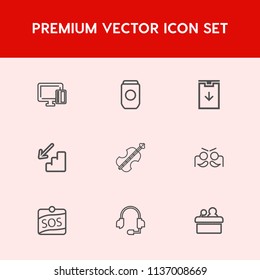 Modern, simple vector icon set on red background with headset, music, call, payment, food, support, bank, label, holiday, meeting, business, microphone, downstairs, aluminum, presentation, buy icons