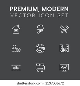 Modern, simple vector icon set on dark grey background with service, communication, social, construction, boat, canoe, architecture, doctor, music, spy, operator, glasses, search, wheel, oar icons