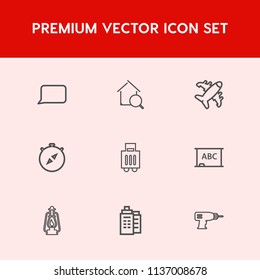 Modern, simple vector icon set on red background with compass, machine, south, internet, estate, luggage, direction, hand, bag, background, equipment, board, lantern, travel, talk, black, east icons