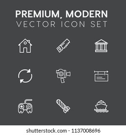 Modern, simple vector icon set on dark grey background with arrow, building, video, property, ocean, new, architecture, technology, greek, explosion, tourism, button, sea, handle, drill, boat icons