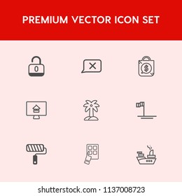 Modern, simple vector icon set on red background with tag, closed, sale, safe, protection, tool, military, brush, bag, ocean, baja, internet, house, chat, online, paint, beach, technology, price icons