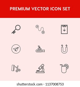 Modern, simple vector icon set on red background with direction, door, undersea, juice, security, drink, research, field, boat, fashion, laboratory, magnetic, pole, hairdresser, microscope 