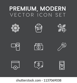 Modern, simple vector icon set on dark grey background with spanner, movie, app, communication, video, helm, nautical, mobile, square, handle, cash, rudder, sea, container, pail, price, camera icons