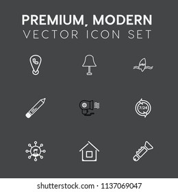 Modern, simple vector icon set on dark grey background with pencil, ocean, trumpet, web, bugle, illumination, hair, light, mobile, location, estate, display, office, internet, pen icons