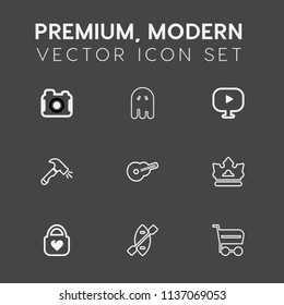 Modern, simple vector icon set on dark grey background with spooky, photography, sign, photographer, fear, paddle, technology, boat, bag, scary, market, picture, digital, buy, fashion, canoe icons