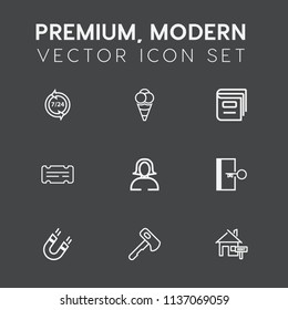 Modern, simple vector icon set on dark grey background with library, hammer, young, construction, dessert, house, woman, ball, ticket, escape, food, call, customer, center, office icons