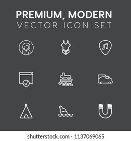 Modern, simple vector icon set on dark grey background with portrait, vacation, guitar, music, white, vehicle, beach, traffic, science, travel, field, ocean, adventure, swimsuit icons