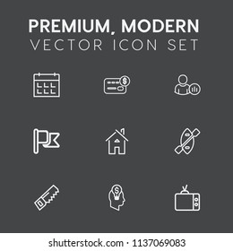 Modern, simple vector icon set on dark grey background with online, internet, home, cash, boat, television, national, water, balance, bank, business, date, architecture, money, hammer, house, tv icons