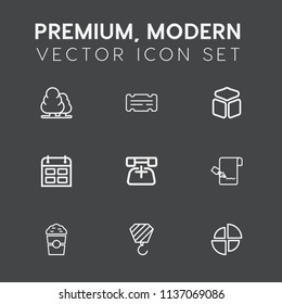 Modern, simple vector icon set on dark grey background with list, cube, schedule, element, paper, time, nature, building, wood, document, communication, entertainment, movie, cup, phone, pine icons