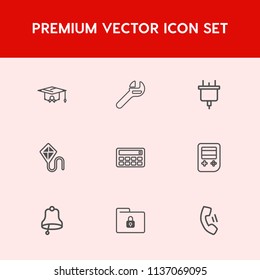 Modern, simple vector icon set on red background with electric, home, summer, arrow, calculator, academic, kite, education, mobile, celebration, work, cell, sky, button, university, graduation icons