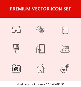 Modern, simple vector icon set on red background with architecture, fashion, pin, gasoline, optical, musical, white, technology, home, gas, building, petrol, bag, photography, photo, eyeglasses icons