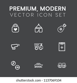 Modern, simple vector icon set on dark grey background with glove, adventure, sport, competition, tourism, cash, modern, boxing, truck, guitar, travel, fight, sign, tipper, web, camp, yacht, sea icons